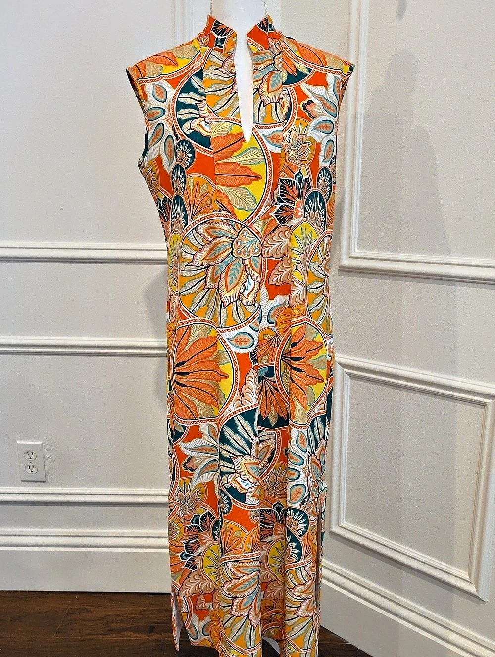 Jude Connally Stained Glass Coral Gold Sleeveless Maxi Dress - L